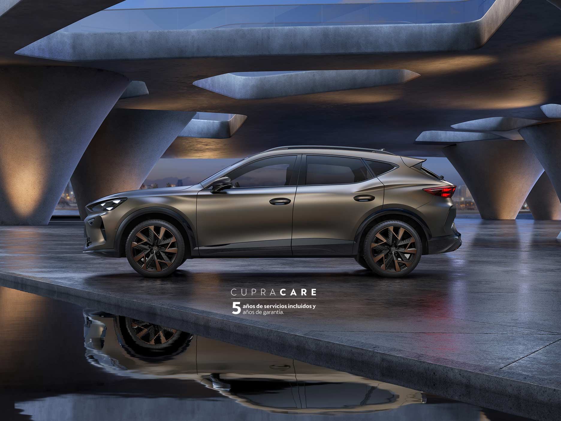 Two individuals standing near the CUPRA Formentor hybrid crossover suv, 2025 model, back view, featuring sleek headlights, modern alloy wheels, and a shark-inspired back design. One of them holding and checking their smartphone.