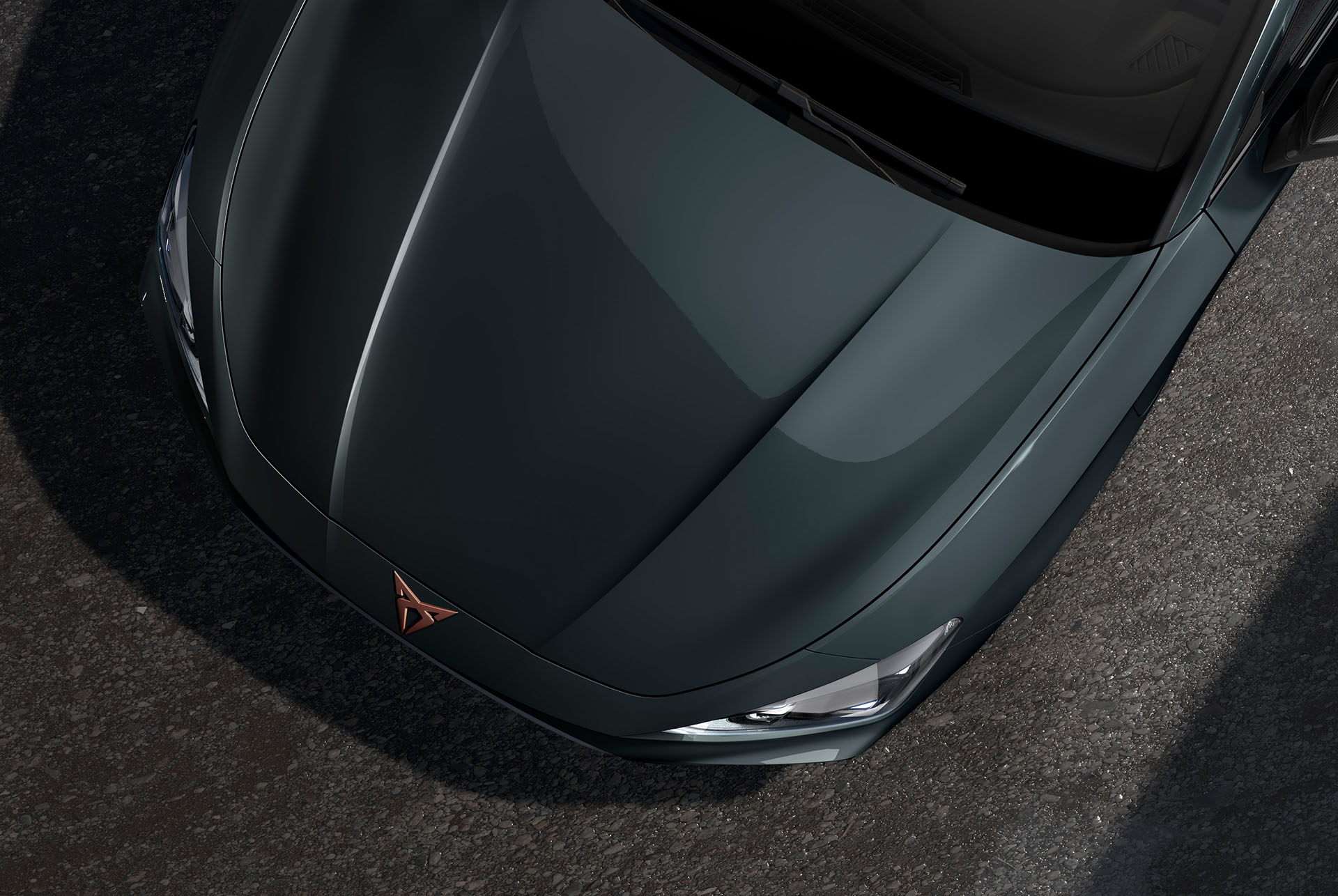 bird’s eye view of an enceladus grey matt new cupra leon 2024 car hood
