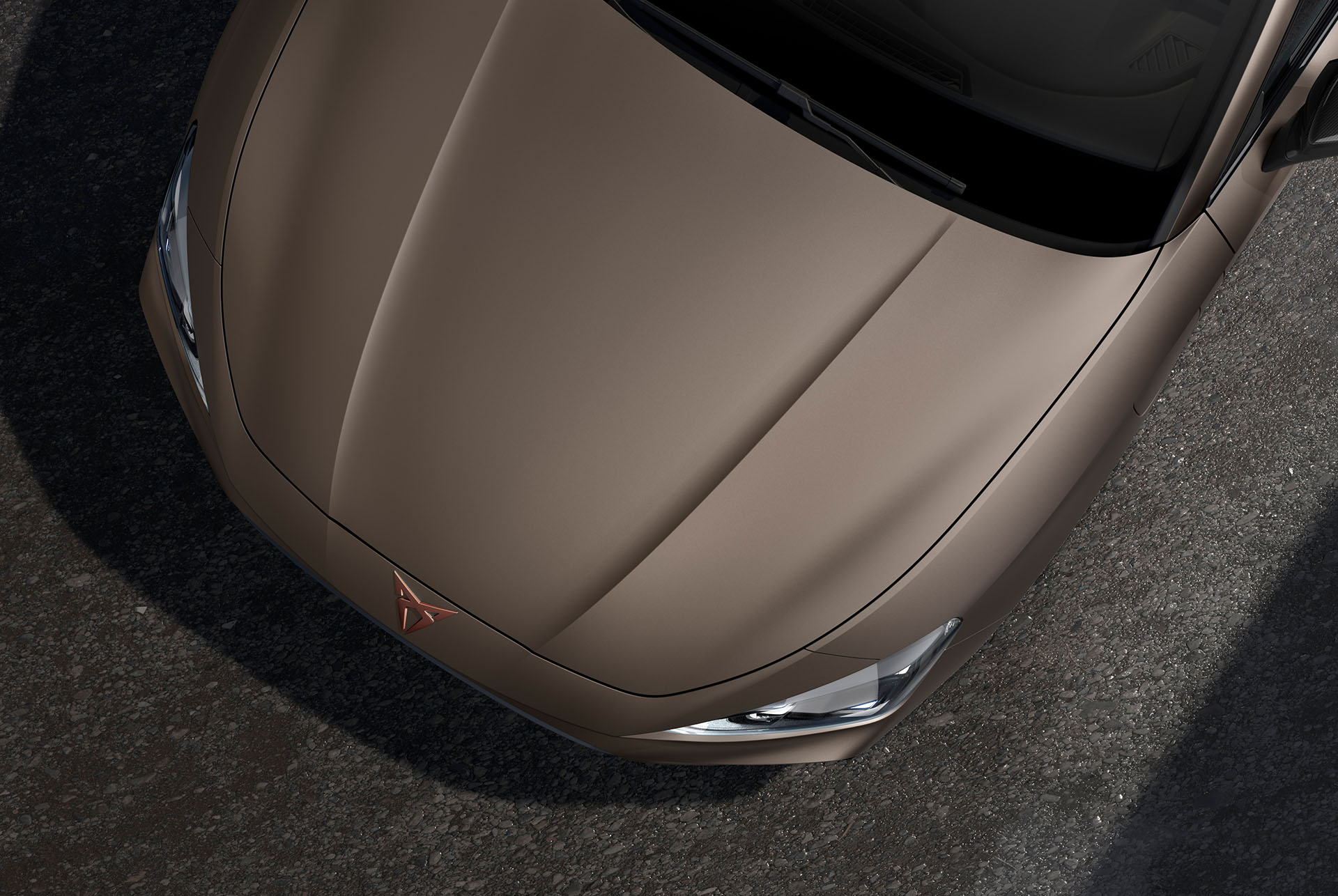 bird’s eye view of a glacial grey new cupra leon 2024 car hood