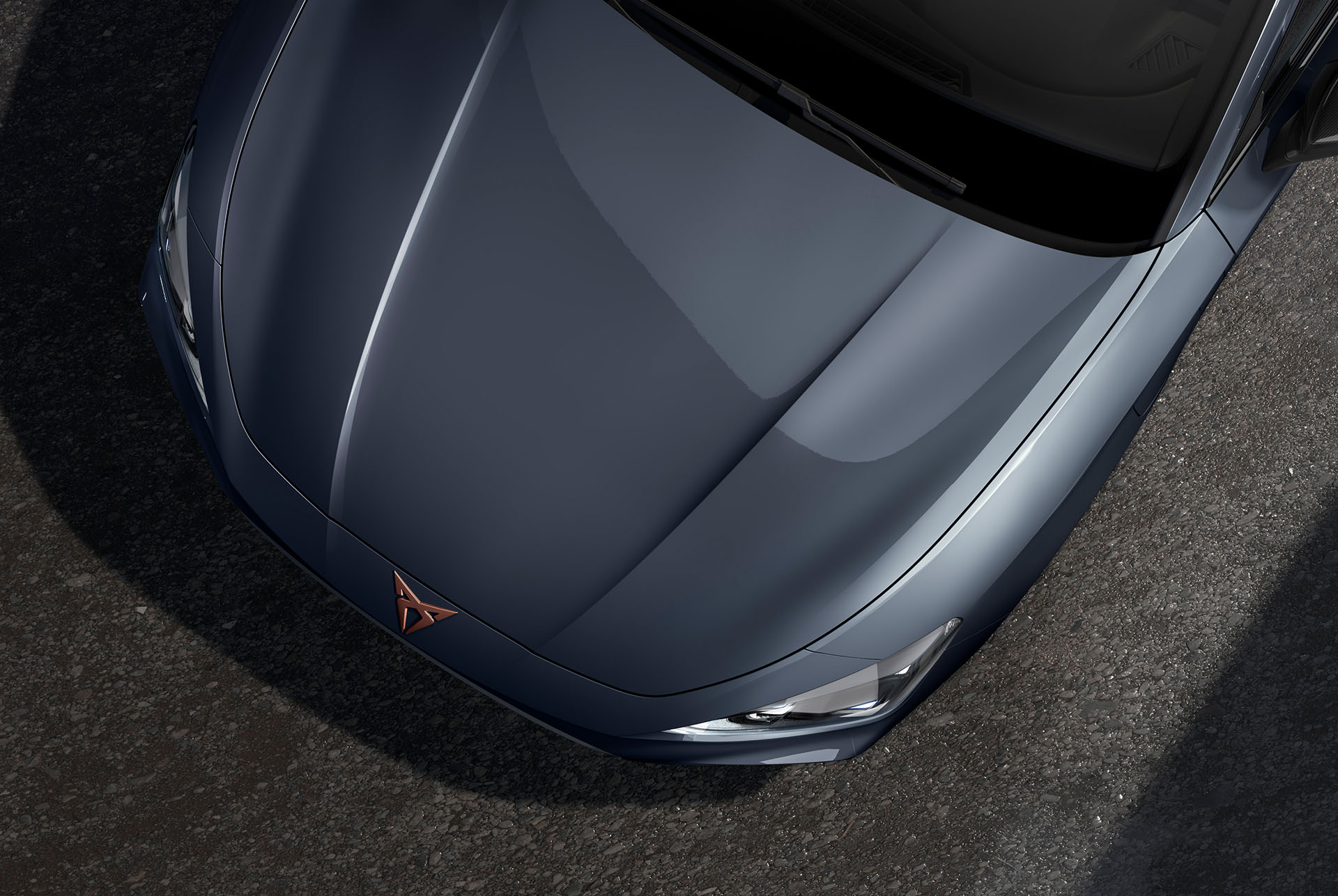 bird’s eye view of a century bronze matt new cupra leon 2024 car hood 