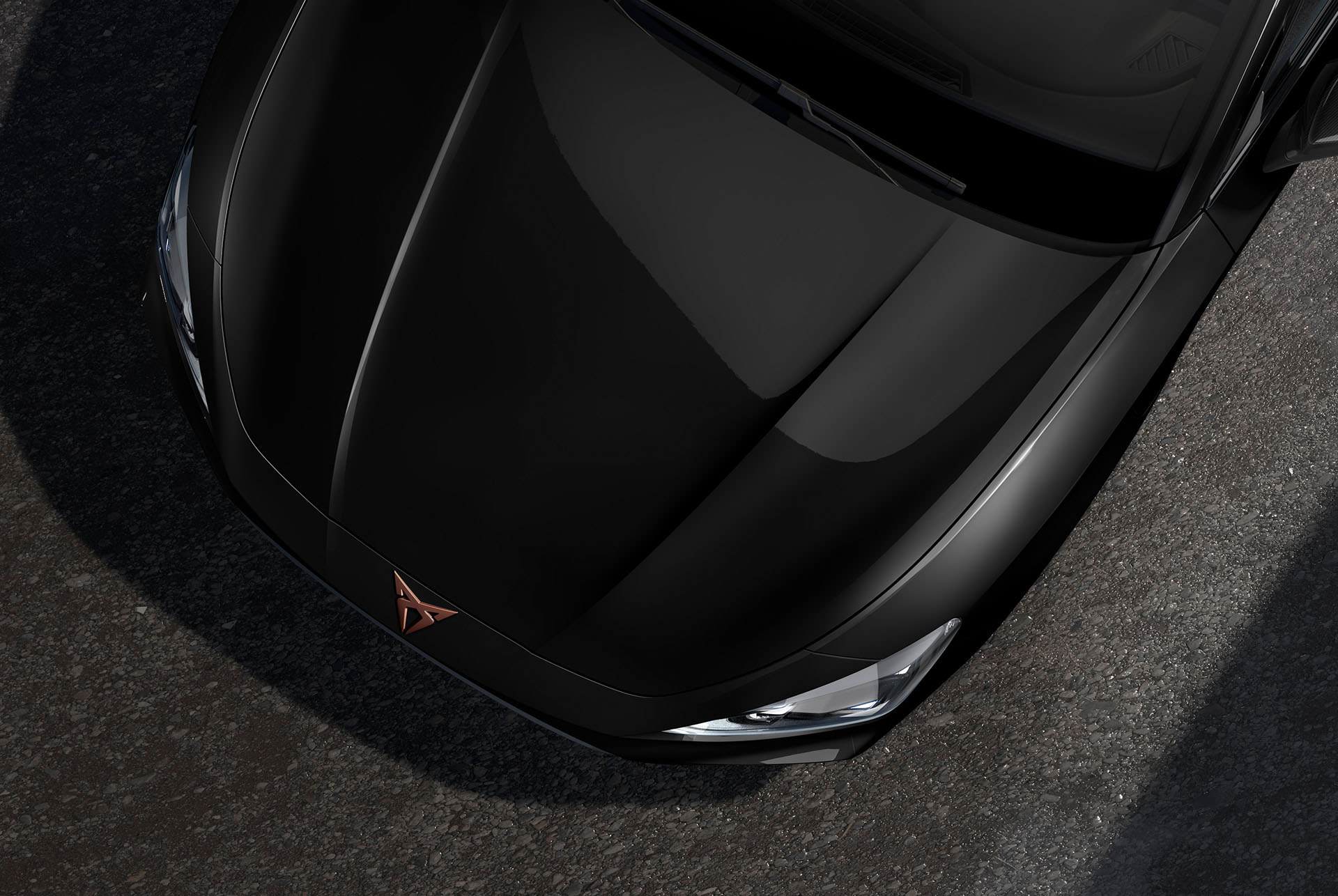 : bird’s eye view of a magnetic tech matt new cupra leon 2024 car hood
