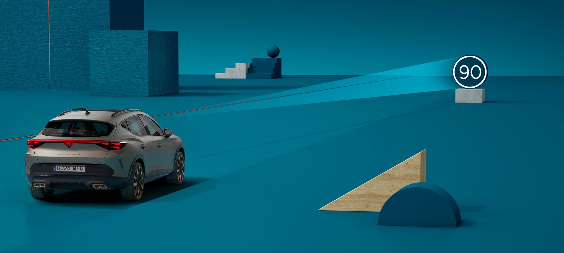 How to use CUPRA Formentor 2025 exit warning system, visual demo with shapes and blue background.
