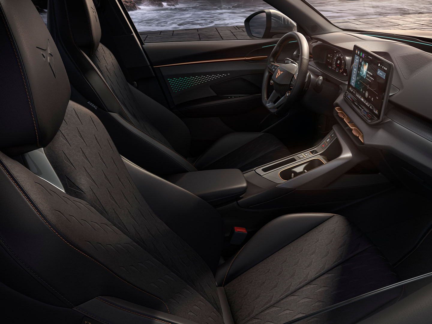 Interior view of the Moon Light version showcasing the upholstery in Black & Grey, the dashboard with Copper accents and other details.