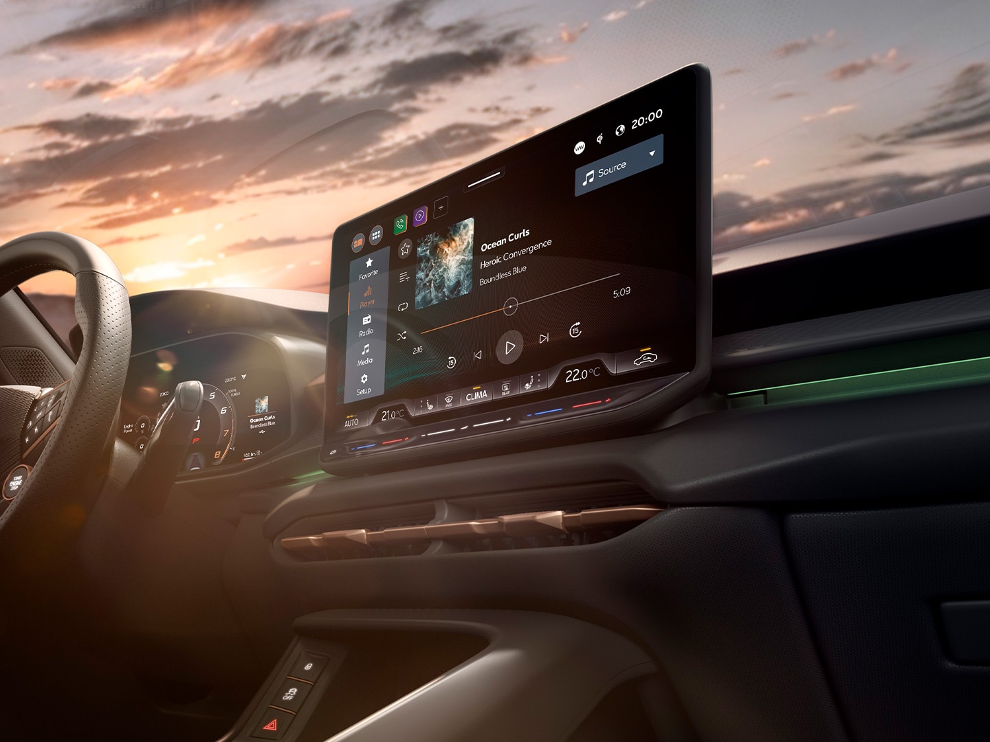 New CUPRA Terramar interior with infotainment system 12.9 inch, steering wheel paddles and copper accent dashboard.